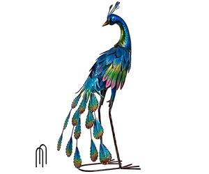 TERESA'S COLLECTIONS Décoration extérieure en Forme de Paon - Sculptures et Statues de Jardin - Petits Oiseaux en métal Bleu - Décorations extérieures de 56,9 cm pour Porche, terrasse, étang, Cadeau