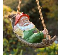 TERESA'S COLLECTIONS Jolis Nains de Jardin à Suspendre pour Jardin, Statues à Suspendre, Cadeaux d'extérieur, Nain endormi dans Une balançoire, hamac en résine, Figurines pour souche, Branche,