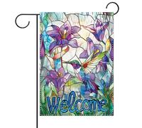 Terkki Bienvenu Vitrail Fenêtre Colibri Floral Drapeau de Jardin Décoratif Printemps Été Fleur d'Iris Petite Cour Décorations Extérieures Toile de jute Artistique Décor Extérieur Maison Double Face
