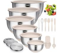 Terlulu Lot de 6 saladiers en acier inoxydable avec couvercle et fond en silicone, 3 embouts de râpe, 4,7 l/3,8 l/2,8 l/1,9 l/1,4 l/0,6 l, antidérapants et empilables, kaki