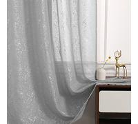 TERLYTEX Lot de 2 Rideaux Transparents Gris pailleté de 160 cm de Long - Chic - Argenté - pour Chambre à Coucher - Passe-Tringle - Rideau de fenêtre - Pare-Vue - 132 x 160 cm - Argenté/Gris