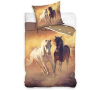 termana Parure de lit avec housse de couette de 135 x 200 cm - Motif chevaux Freedom - Taie d'oreiller de 80 x 80 cm et housse de couette de 135 x 200 cm - 100 % coton, Marron