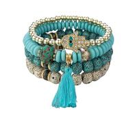 TERNCOEW Ensemble de 4 pièces style mauvais œil pour femme comprenant des pompons en cristal Fatma et une chaîne de perles pour vacances à la plage