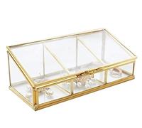 TERPCO Boîte à bijoux en verre transparent doré et laiton, présentoir à bijoux avec couvercle, 3 compartiments, anneaux, bracelets, boîte de rangement de bi