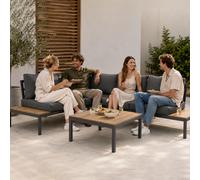 terrabeta Ensemble canapé d'angle de jardin 3 pièces avec structure en acier, banquette 2 places, table basse à plateau en bois composite, coussins, gris foncé