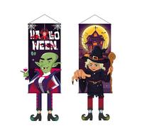 TerraKey Décoration Porte Halloween - Double Pack Suspension Sorcière et Vampire avec Château et Chaussures Crânes, 110x40cm