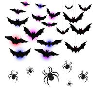 TerraKey Décorations Halloween: 18 Chauves-Souris Suspendues + 24 Stickers LED + 12 Araignées 3D - Kit Fête Effrayant Réutilisable pour Porte/Fenêtre