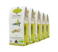 TERRAMOKA - 1 KG Café Grain Bio d’excellence (5 * 200g) - 80% Pur Arabica du Mexique, Brésil & 20% Robusta de Tanzanie - Savoureux et Persistant - Sachet 100% Recyclable - Arthur - Torréfié en France