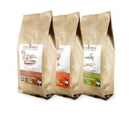TERRAMOKA - 3 KG Café Grains Bio d’excellence (3 * 1kg) - Café 100% Arabica du Brésil, Mexique et Pérou et de Tanzanie - Sachet 100% Recyclable - Adèle, Arthur et Albert - Torréfié en France