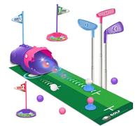 TERRAMUS Set de Golf Enfant avec Retourneur Automatique de Balles Dinosaure, Balles de Golf Lumineuses LED de Nuit, 3 Bâtons, Tapis de Putting, Jeux de Mini Golf 3-8 Ans, Cadeau pour Filles (Rose)