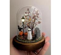 Terrarium fantôme fait à la main en forme de citrouille effrayante pour Halloween, décorations d'Halloween fantôme lumineux dans une cloche en verre, fantôme mignon avec lumière pour décoration de