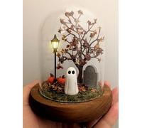 Terrarium fantôme fait à la main en forme de citrouille effrayante pour l'automne, Halloween, décorations d'Halloween fantôme lumineux dans une cloche en verre, fantôme mignon avec lumière pour la
