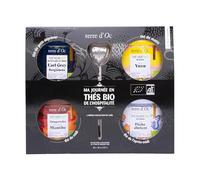 Terre d'Oc - Coffret 4 Thés Bio Ma Journée en Thé + 1 Cuillère Filtre à Thé - Thés Verts, Noirs & Blancs en Vrac - Idée Cadeau Homme et Femme - 65g