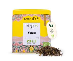 Terre d'Oc - Thé Vert Bio Daejak - Corée du Sud - Saveur Yuzu - Boite en métal - Feuille en Vrac - Idée Cadeau Homme et Femme - 80g