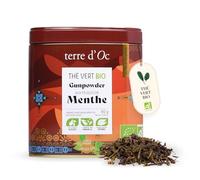 Terre d'Oc - Thé Vert Bio Gunpowder à la Menthe - Vrac - 80g | Petites Perles Vertes - Glacée ou Chaude - Rituel Ancestral Touareg, 3 Infusions - Idée Cadeau - Boite Métal