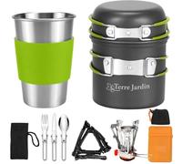 Terre Jardin Kit Popote Camping 12 Pièces avec Réchaud Trailgaz Pliable | Kit complet 12 pièces : 2 casseroles aluminium antiadhésif, réchaud pliable 3000 W, tasse inox, couverts et sac de transport