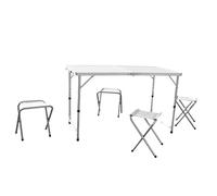 TERRE JARDIN - Table de Camping Pliante avec 4 Tabourets - 120 x 60 cm, Hauteur Réglable 54/61/70 cm, Plateau MDF Blanc, Structure Aluminium, Table Portable pour Extérieur, BBQ, Pique-Nique, Fêtes
