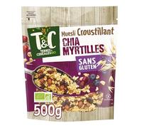 TERRES & CEREALES BIO - Muesli Croquant Aux Graines De Chia Et Myrtille, Sans Gluten Bio, 500g - Lot De 3