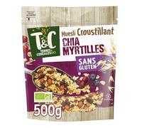 TERRES & CEREALES BIO - Muesli Croustillant aux Flocons d'Avoine sans Gluten, Myrtilles et Graines de Chia Bio - le paquet de 500g - Le Lot De 4