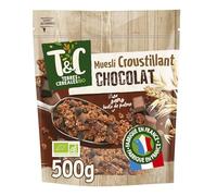 TERRES & CÉRÉALES BIO Muesli Croustillant Chocolat Bio 500g - Sans Huile de Palme - Sachet Refermable Fabriqué en France - Céréales Dorées au Four avec Pépites de Chocolat - Lot de 3
