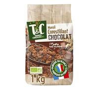 TERRES & CÉRÉALES BIO Muesli Croustillant Chocolat Sans Huile de Palme - Céréales Dorées au Four - Format 1 kg - Fabriqué en France - Sachet Refermable - Lot de 3