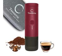 Terrestic Machine à expresso électrique portable Dose + étui de transport rigide - pour café moulu et capsules Nespresso, fonctionne sur batterie et charge USB-C, pour voiture, camping (Rouge rubis)