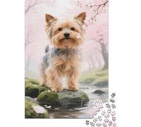 Terrier du Yorkshire Puzzles 1000 Pieces Cadeau Unique Fleurs de cerisiers Stream Défi Jouet À De Qualité Supérieure Peinture Art pour Adultes Et Enfants 1000pcs (75x50cm)