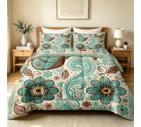 TerroVee Couette 160x200 4 Saisons, Fleur | Couette Imprimée Réversible 2 Personnes, Papillon Turquoise Bohème Motif Cachemire, Douce et Lavable, avec 2 Taies d'Oreiller