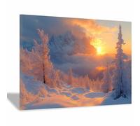 TERUEA 1 Partie Arbre Givré Hiver Montagne Coucher de Soleil Tableau Murale Poster décoratif sur toile avec motif (Orange)-60x90cm Encadrée