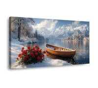 TERUEA 1 Parties sur Toile Salon Abstrait Lac enneigé: Bateau en bois, Roses rouges, Montagnes Design, Moderne sur Toile Image Tableau Decoration Murale(Rouge )-50x100cm1 Encadrée