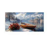 TERUEA 1 Parties sur Toile Salon Abstrait Lac enneigé: Bateau en bois, Roses rouges, Montagnes Design, Moderne sur Toile Image Tableau Decoration Murale(Rouge )-50x100cm1 Sans cadre