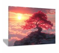 TERUEA Art Mural Arbre de la vie Rustique Vintage pour Decoration Ferme Chambre Salon Salle Bain Impressions sur Toile Arbre Rouge au-dessus des Nuages (Rouge)-80x120cm1 Encadrée