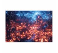 TERUEA Art Tableau mural Decotation Salon Abstrait Citrouilles dans un cimetière sombre aux motifs brûlés, château citrouille, lune, toile fond d'Halloween pour décoration(Or)-20x30cm1 Sans cadre