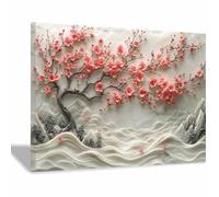 TERUEA Beauté Arbre la vie Tableau pour Art Déco Murale Salle Bain Cadeau Anniversaire Arbre à Fleurs Roses Montagne Fond Blanc Painting Impression sur Toile (Rose)-80x120cm Encadrée