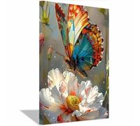 TERUEA Decoration Murale Boho Botanique, Fleur Blanche Papillons Colorés - Nature harmonieuse - pour une décoration élégante de salon (Blanc)-80x120cm Encadrée