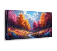 TERUEA Decoration Murale Boho Botanique, Forêt d'Automne Vive Ruisseau Montagne - Art naturel intemporel pour une décoration murale élégante(Orange)-50x100cm Encadrée