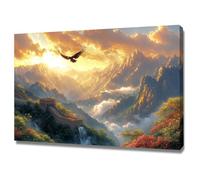TERUEA Decoration Murale Botanique, Lever de soleil sur la Grande Muraille de Chine - Grand oiseau cool Tableau mural Fleurs Impression sur Toile Intissee Decotation Salon(Doré)-80x120cm Encadrée