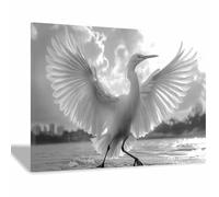 TERUEA Décoration murale classique vintage, Héron noir et blanc scène aquatique Costume d'animaux sur toile - Décoration murale pour chambre à coucher(Noir et Blanc)-80x120cm1 Encadrée