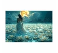 TERUEA Décoration murale moderne pour chambre à coucher Femme Fantaisie Champ Lotus Lune Toile cadeau art mural impression pour salon chambre décoration(Bleu et Blanc)-20x30cm1 Sans cadre