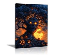 TERUEA Fête d'halloween Horreur - Un arbre au visage et aux yeux maléfiques, entouré de citrouilles, Sorcière Fantôme Citrouille Halloween Party Décoration (Marron)-30x45cm1 Encadrée