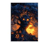 TERUEA Fête d'halloween Horreur - Un arbre au visage et aux yeux maléfiques, entouré de citrouilles, Sorcière Fantôme Citrouille Halloween Party Décoration (Marron)-20x30cm1 Sans cadre