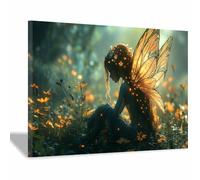 TERUEA grande impression murale esthétique, Fée Fantaisie Ailes Papillon Dorées Fleurs Toile Poster - Décoration murale pour salon, chambre à coucher(Or)-20x30cm1 Encadrée