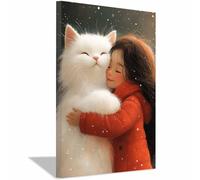 TERUEA grande impression murale esthétique, Fille Câlinant Grand animal Blanc Neige vintage à motif floral féminin - Décoration murale pour salon, chambre à coucher(Rouge)-60x90cm1 Encadrée