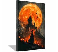 TERUEA Halloween Château Toile Fond Maison hantée avec un ciel nocturne pleine lune Feuilles Lugubre Gothique Bâtiment Photographie Fond Horreur (Corail)-70x100cm1 Encadrée