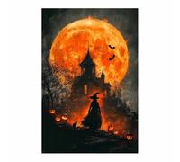 TERUEA Halloween Château Toile Fond Maison hantée avec un ciel nocturne pleine lune Feuilles Lugubre Gothique Bâtiment Photographie Fond Horreur (Corail)-70x100cm1 Sans cadre