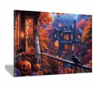 TERUEA Halloween Château Toile Fond Un manoir victorien hanté hanté Scène Nuit Décoration (Orange)-40x60cm1 Encadrée