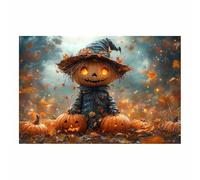 TERUEA Halloween, décoration de fête en forme de forêt, Un mignon petit homme tenant une citrouille, lune, toile de fond d'Halloween pour décoration murale(Orange)-60x90cm1 Sans cadre