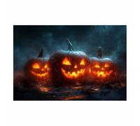 TERUEA Halloween, décoration fête en forme forêt, Trois citrouilles effrayantes éclairées dans le noir Feuilles Lugubre Gothique Bâtiment Photographie Fond Horreur (Orange)-30x45cm1 Sans cadre