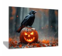 TERUEA Halloween, décoration fête en forme forêt, Un corbeau est assis sur une citrouille orange, (Noir)-60x90cm1 Encadrée