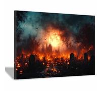 TERUEA Halloween Toile Fond Château Pierre Le clair lune brille dans un cimetière la nuit, Murale Peinture Sur Toile Affiche Decoration Pour (Noir)-80x120cm1 Encadrée